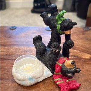 Yankee Candle Black Bear Holder with Green and Red Scarves